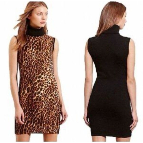 LAUREN RALPH LAUREN Cheetah Print Turtleneck Sleeveless Sheath Dress Medium Knee - Picture 1 of 12
